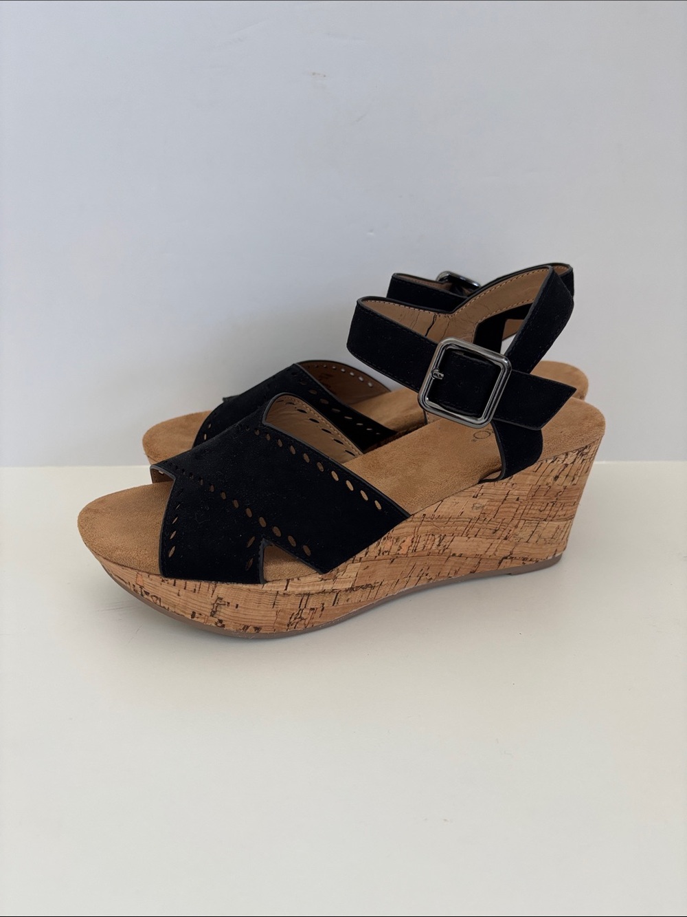 Pesaro Black Suede Cork Wedge Sandals